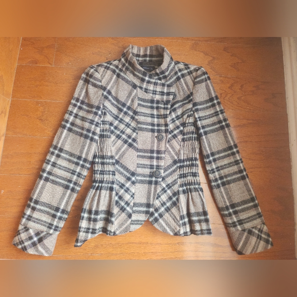 Zara Black and Tan Checkered Coat Size S